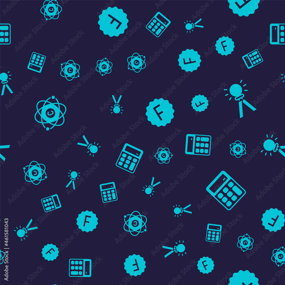 Poster set atom, medal, exam paper with incorrect answers and calculator on seamless pattern. vector