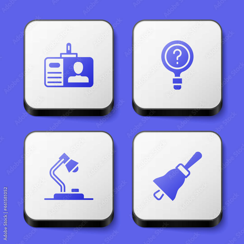 Poster set identification badge, unknown search, table lamp and ringing bell icon. white square button. vec
