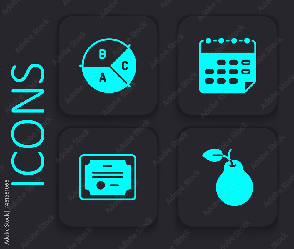 Poster set pear, pie chart infographic, school timetable and certificate template icon. black square button