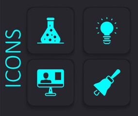 Set Ringing bell, Test tube, Creative lamp light idea and Online class icon. Black square button. Vector