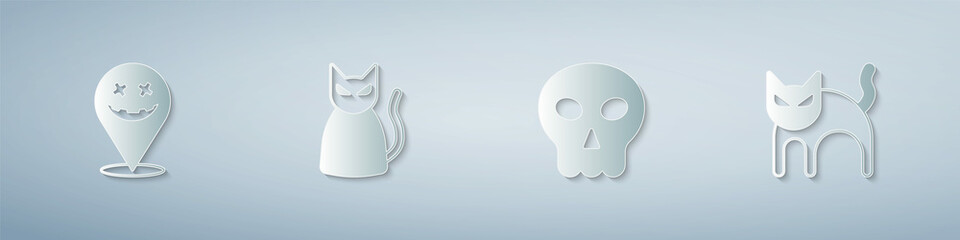 Set Happy Halloween holiday, Black cat, Skull and . Paper art style. Vector