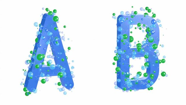 3d animation of alphabet with spheres, transparent bubbles, moving around the separate letters. From A to U in capital letters. The color blue.