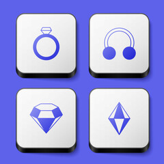 Set Diamond engagement ring, Piercing, and Gem stone icon. White square button. Vector