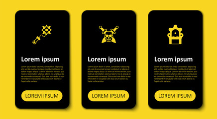 Set Medieval throne, Skull with sword and Mace spikes. Business infographic template. Vector