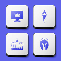 Set King crown, Torch flame, and Medieval helmet icon. White square button. Vector