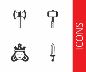Set Medieval sword, poleaxe, Princess queen and Battle hammer icon. Vector
