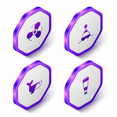 Set Isometric Boat propeller, Floating buoy, Whale and Spyglass telescope lens icon. Purple hexagon button. Vector