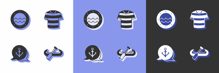 Set Kayak and paddle, Ship porthole, Anchor and Striped sailor t-shirt icon. Vector