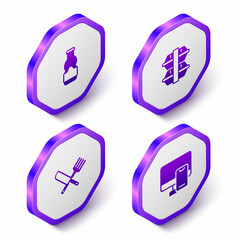 Set Isometric Sauce bottle, Lunch box, Crossed knife and fork and Online ordering food icon. Purple hexagon button. Vector