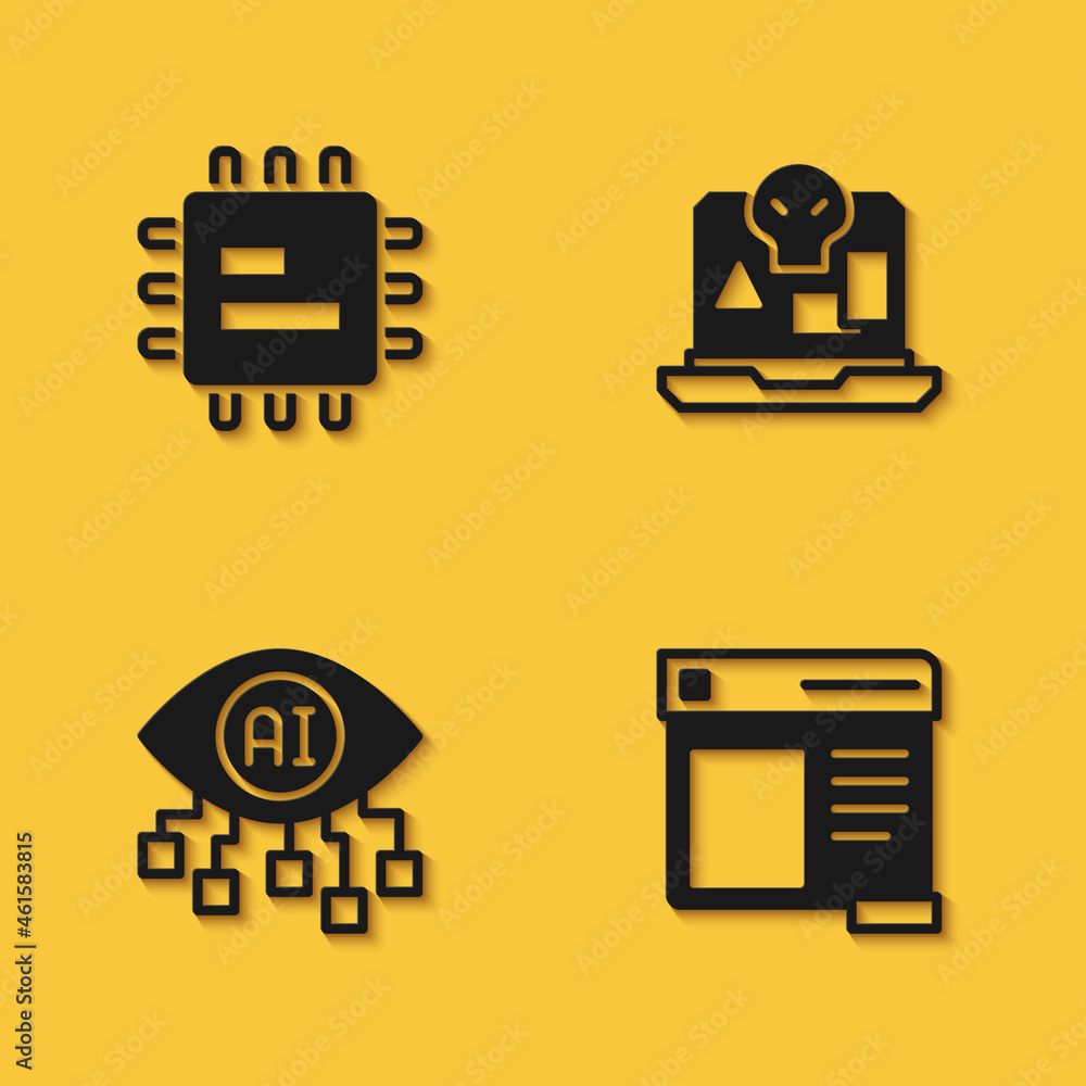 Poster set processor cpu, browser window, computer vision and internet piracy icon with long shadow. vector