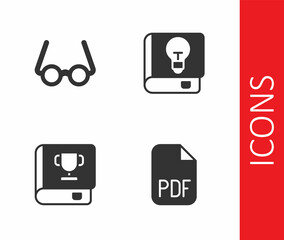 Set PDF file document, Glasses, Book and User manual icon. Vector