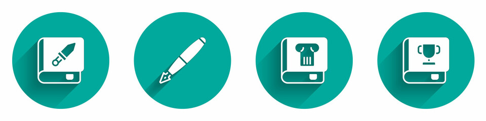 Set Book about weapon, Fountain pen nib, History book and icon with long shadow. Vector