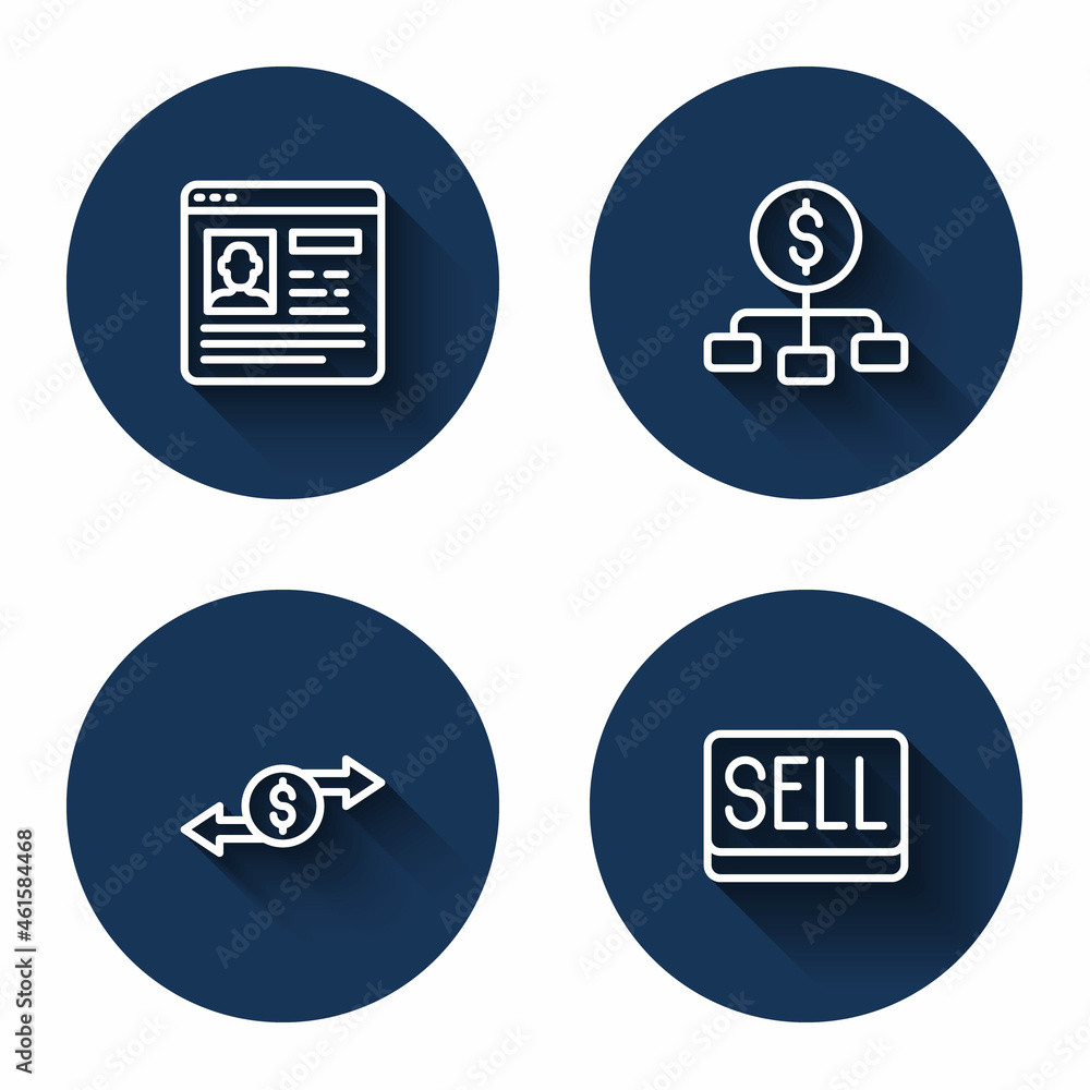 Poster set line resume, hierarchy with dollar, money exchange and sell button with long shadow. blue circle