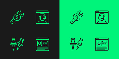 Set line Resume, Push pin, Repair price and Telephone 24 hours support icon. Vector
