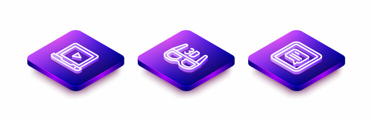 Set Isometric line Online play video, 3D cinema glasses and Video with subtitles icon. Vector