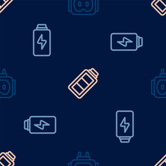 Set line Tee plug electric, Battery charge and on seamless pattern. Vector