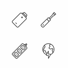 Set line Global planet with thunderbolt, Electric extension, Battery charge and Screwdriver icon. Vector