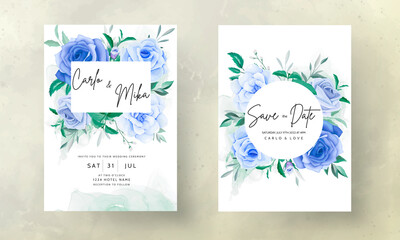 beautiful hand drawing blue flower wedding invitation card