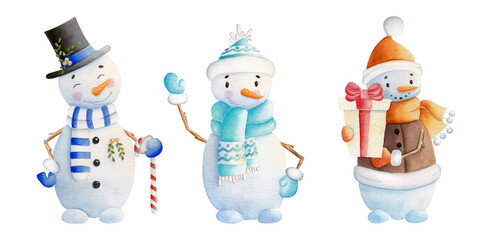 Watercolor set of cute cartoon style snowman. Childish hand-drawn illustration isolated on the white background. Christmas illustration of funny snowmen.  