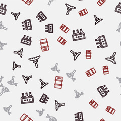 Set line Sausage on the fork, Pack of beer bottles, Dried fish and Metal keg on seamless pattern. Vector