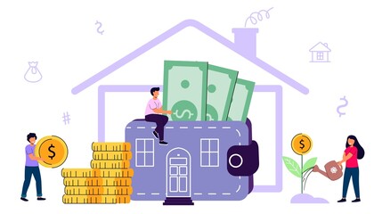 Mortgage Saving to buy home vector illustration concept Planning save cash to buy real estate Property investment House loan Money investment Approved mortgage profile House rental Household expenses