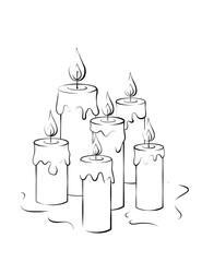 group of six burning candles, black and white symbol of memorial or faith in religion. illustration