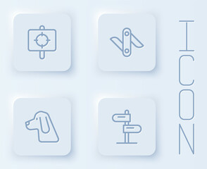 Set line Target sport, Swiss army knife, Hunting dog and Road traffic sign. White square button. Vector