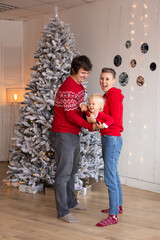 Cheerful parents and their cute son boy waiting for Christmas at home. Family Christmas at home.