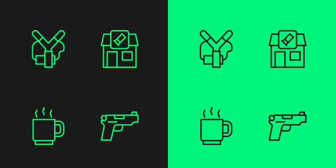 Set line Pistol or gun, Coffee cup, Slingshot and Hunting shop icon. Vector