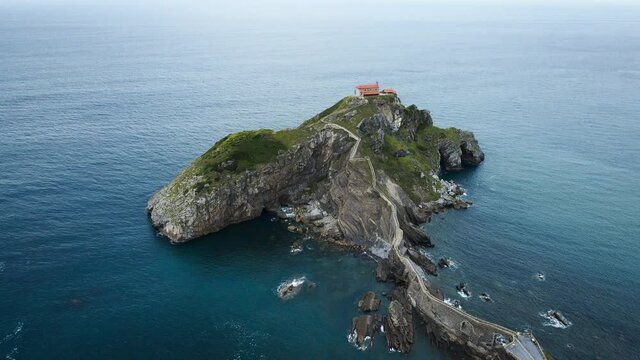 Aerial view of San Juan de Gaztelugatxe island at basque country, Spain. High quality 4k footage