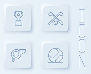 Set line Award cup, Ice hockey sticks and puck, Whistle and Baseball ball. White square button. Vector