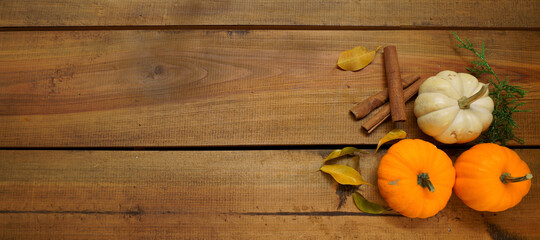 Banner Calabazas naranjas y blanca con canela sobre madera vieja rústica cafe, 