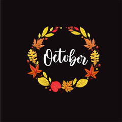 October handwritten lettering with autumn leaves vector