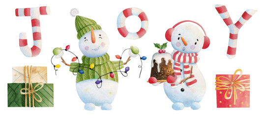 Watercolor set of Christmas elements - snowmen, gifts, letters JOY. Hand-drawn watercolor illustration isolated on white background. Xmas elements for decor, cards, books, paper. 
