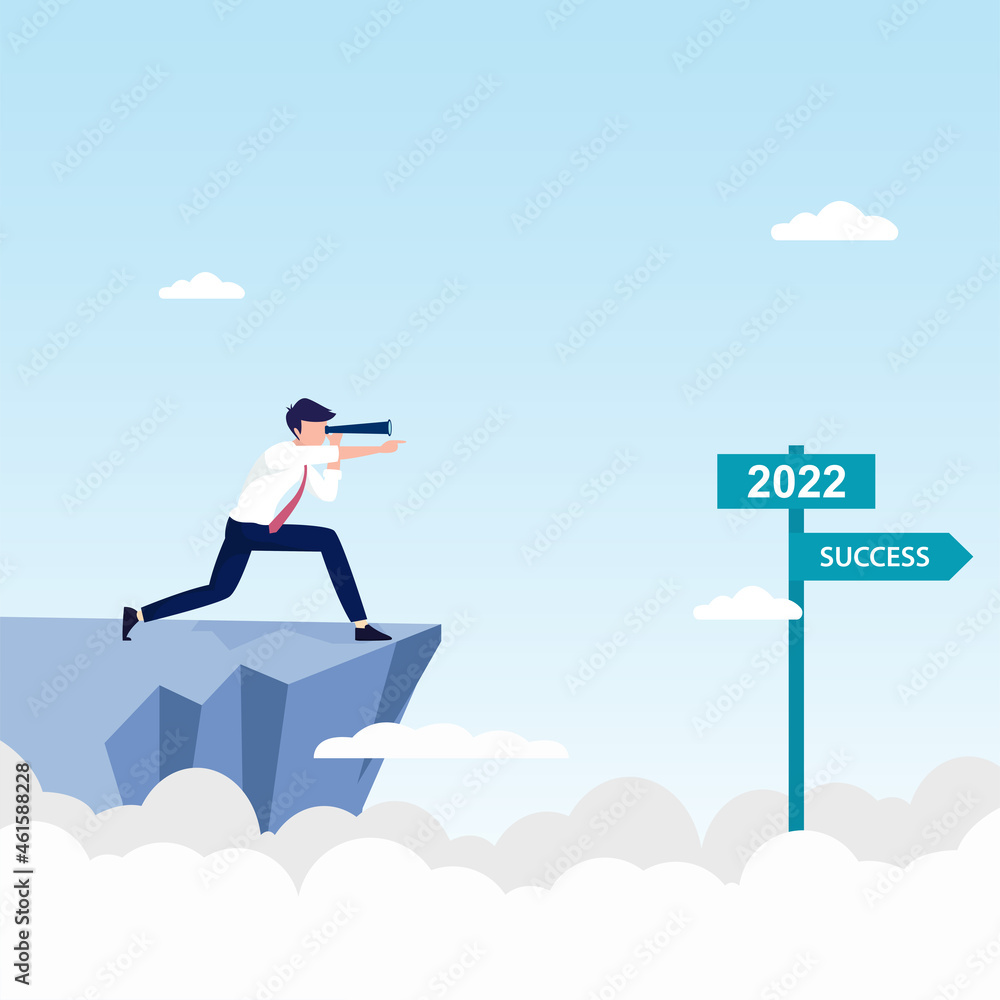 Poster Businessman with telescope standing and looking into the distance year 2022 on direction sign board. Flat vector template style Suitable for Web Landing Pages.