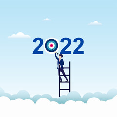2022 New Year concept, businessman climbing the sky ladder to reach the number 2022. Flat vector template style Suitable for Web Landing Pages.