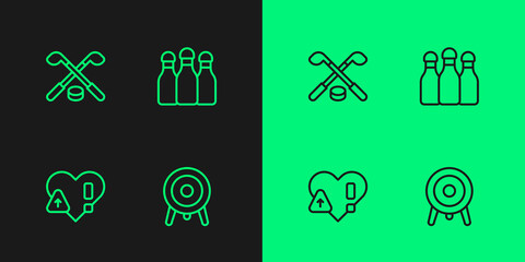 Set line Target sport, Heart rate, Ice hockey sticks and puck and Bowling pin icon. Vector