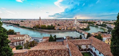 Panoramic from the top of the Castle of Verona, with a view of the roofs and the alleys of the medieval city along the river.