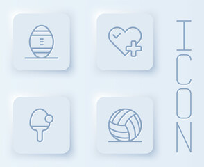 Set line American Football ball, Heart rate, Racket and Volleyball. White square button. Vector