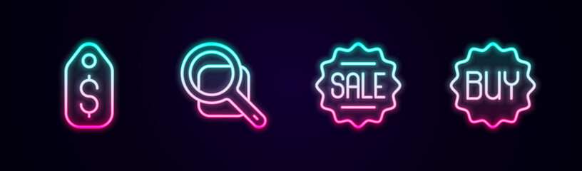 Fototapeta na wymiar Set line Price tag with dollar, Magnifying glass, Sale and Buy button. Glowing neon icon. Vector