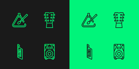 Set line Stereo speaker, Keytar, Triangle musical instrument and Guitar neck icon. Vector