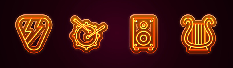 Set line Guitar pick, Drum with drum sticks, Stereo speaker and Ancient Greek lyre. Glowing neon icon. Vector