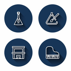 Set line Balalaika, Triangle musical instrument, Piano and Grand piano with long shadow. Blue circle button. Vector