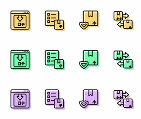 Set line Delivery security with shield, Online app delivery tracking, Verification of list and Cardboard box traffic symbol icon. Vector