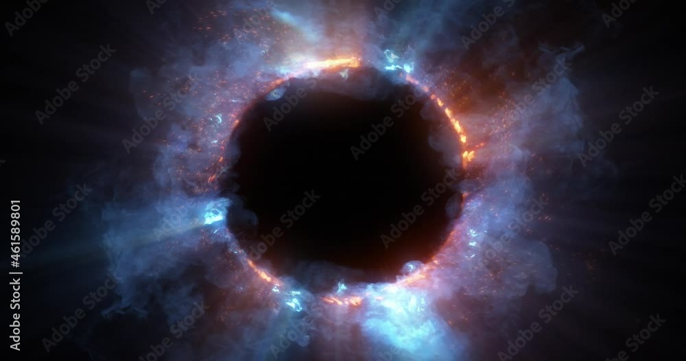 Poster red, orange and blue energy plasma ring. abstract loop of iridescent multicolored flowing particles 