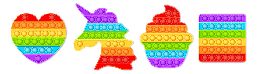 Pop it sensory vector toy. Bubble pop it fidget vector. Popit fidget toy. 3d realistic antistress fidgeting toy Rainbow popular popit shaped as unicorn, heart, funny cupcaKe, and square.  - obrazy, fototapety, plakaty