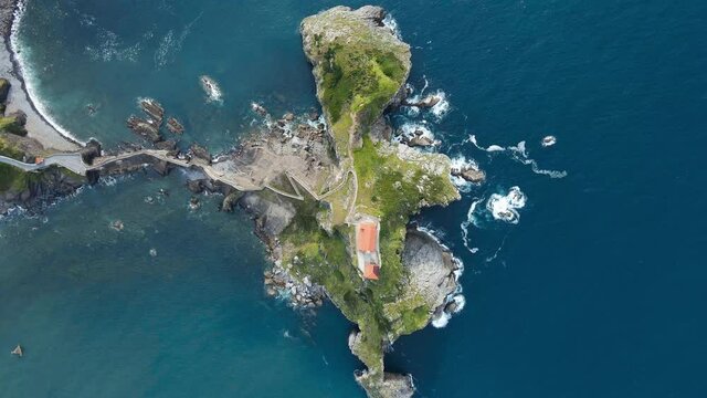 Aerial view of San Juan de Gaztelugatxe island at basque country, Spain. High quality 4k footage