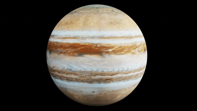 Realistic 3d animaton of Planet Jupiter slowly spinning. Elements of this media furnished by NASA. Seamless Looping isolated 4K video, Luma Matte attached.