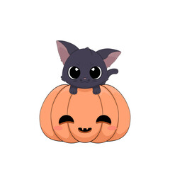 Odważny czarny kot wspinający się na dynię. Ilustracja wektorowa na Halloween. Cukierek albo psikus! Uroczy ręcznie rysowany mały kotek.