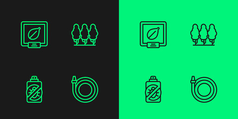 Fototapeta na wymiar Set line Garden hose, Spray against insects, Seeds of specific plant and Fruit trees icon. Vector